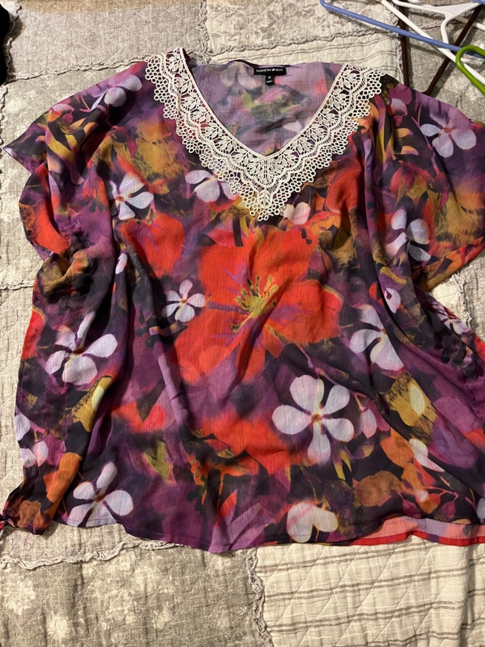 Fashion Bug Purple Floral Lace-Trim V-Neck Blouse with Red Accents